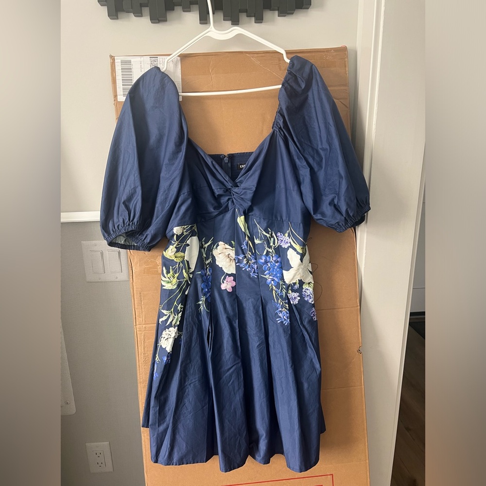 Express, puff sleeve blue floral mini dress